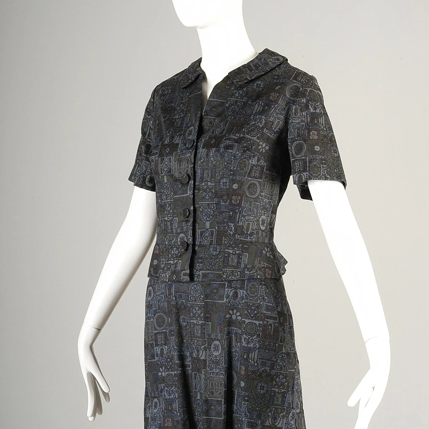 1950s Blouse and Skirt Set in Blue and Green Print