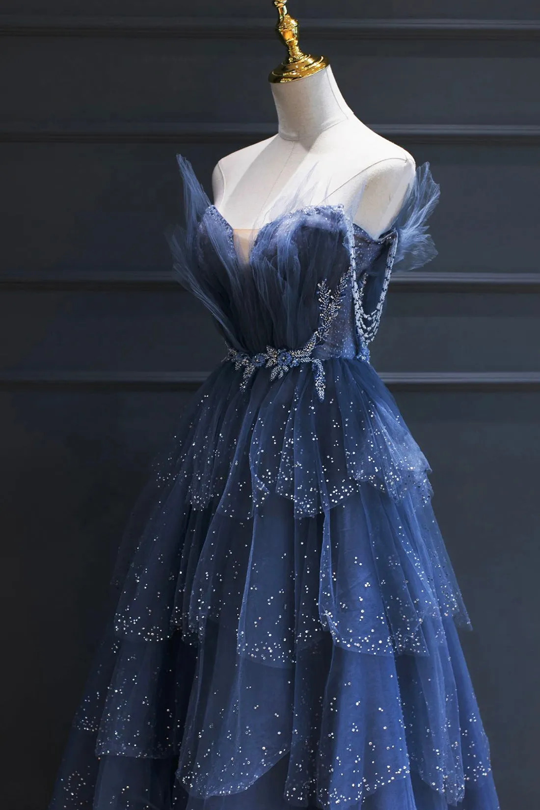 Dark Blue Tulle Beaded Long Senior Prom Dress, A-Line Evening Party Dress
