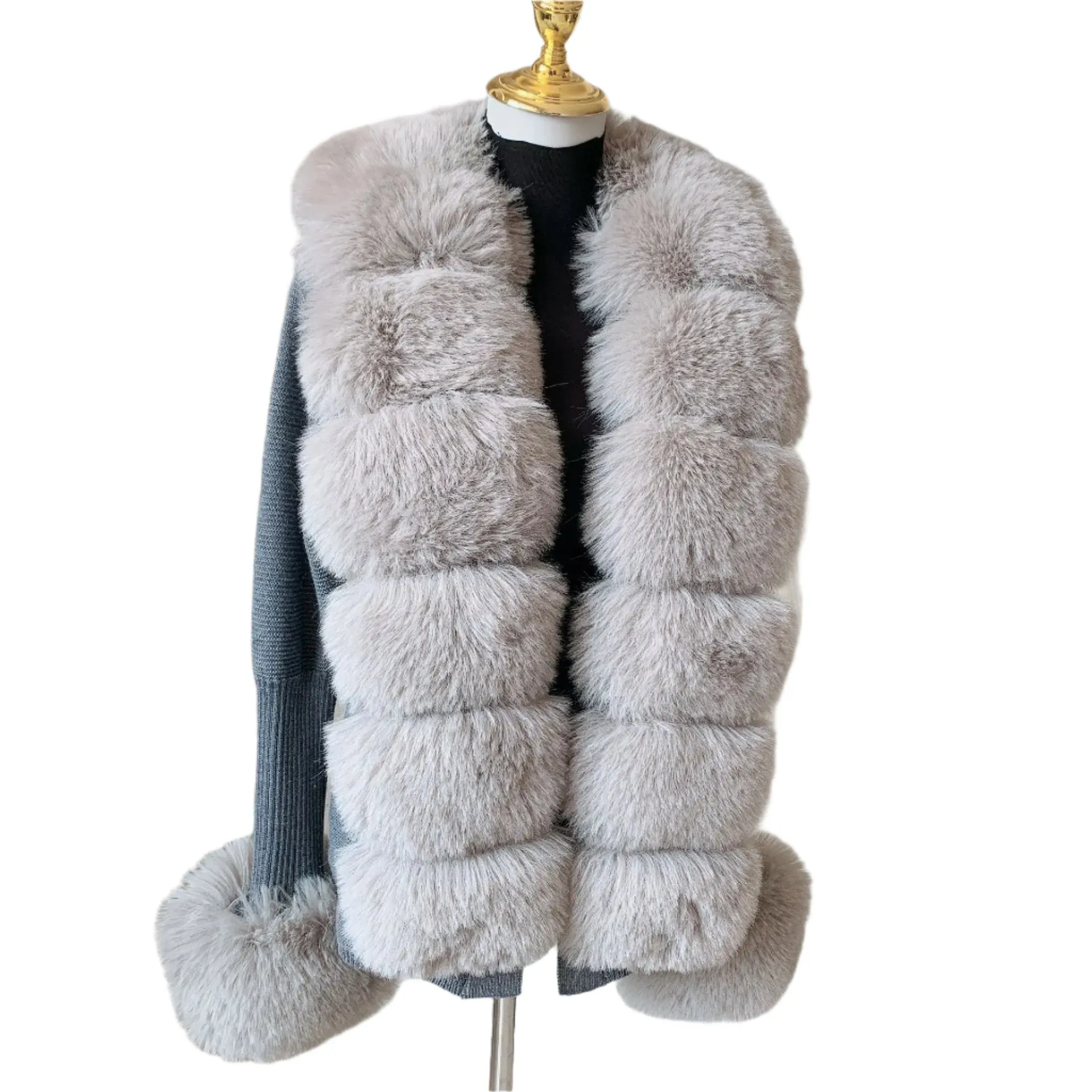 Elegant Women's Faux Fox Fur Collar Cardigan – Knitted Sweater Coat, Spring/Autumn Fashion