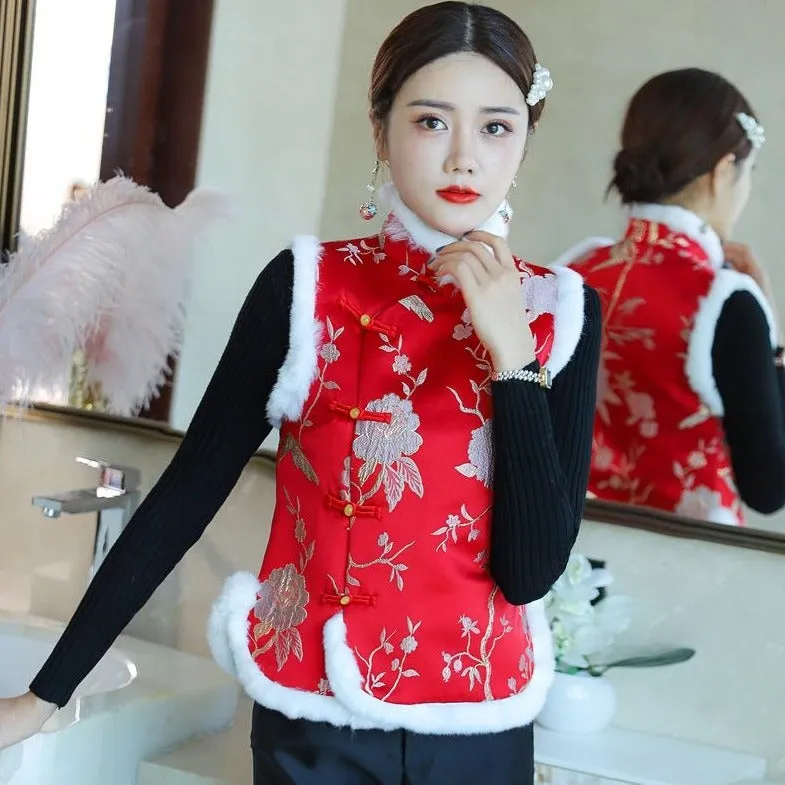Floral Brocade Fur Edge Cheongsam Top Chinese Wadded Waistcoat Vest