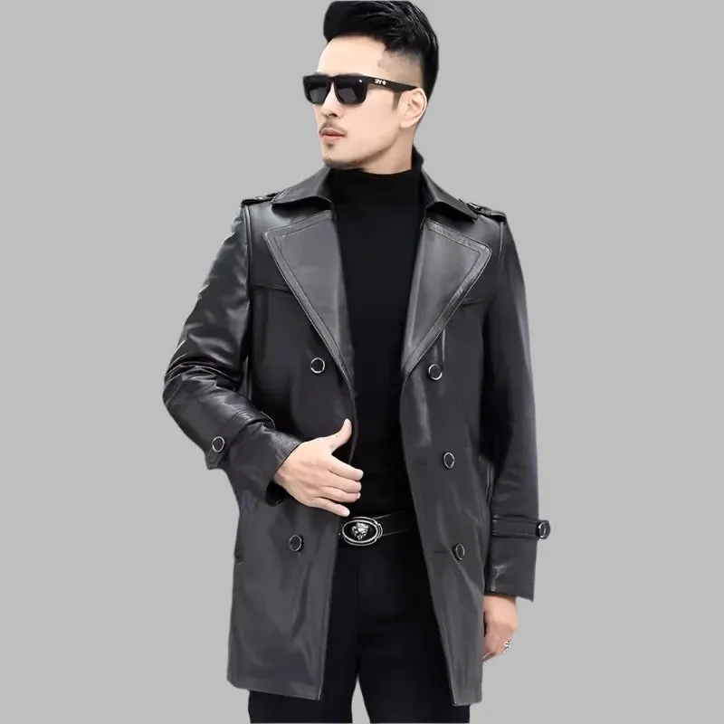 Men's Thick Cowhide Leather Trench Coat with Detachable Down Liner & Raccoon Fur Collar | Belted Autumn & Winter Outerwear
