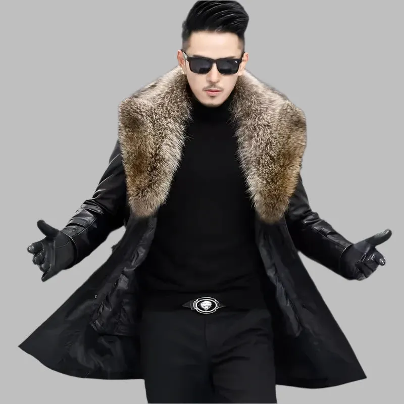 Men's Thick Cowhide Leather Trench Coat with Detachable Down Liner & Raccoon Fur Collar | Belted Autumn & Winter Outerwear