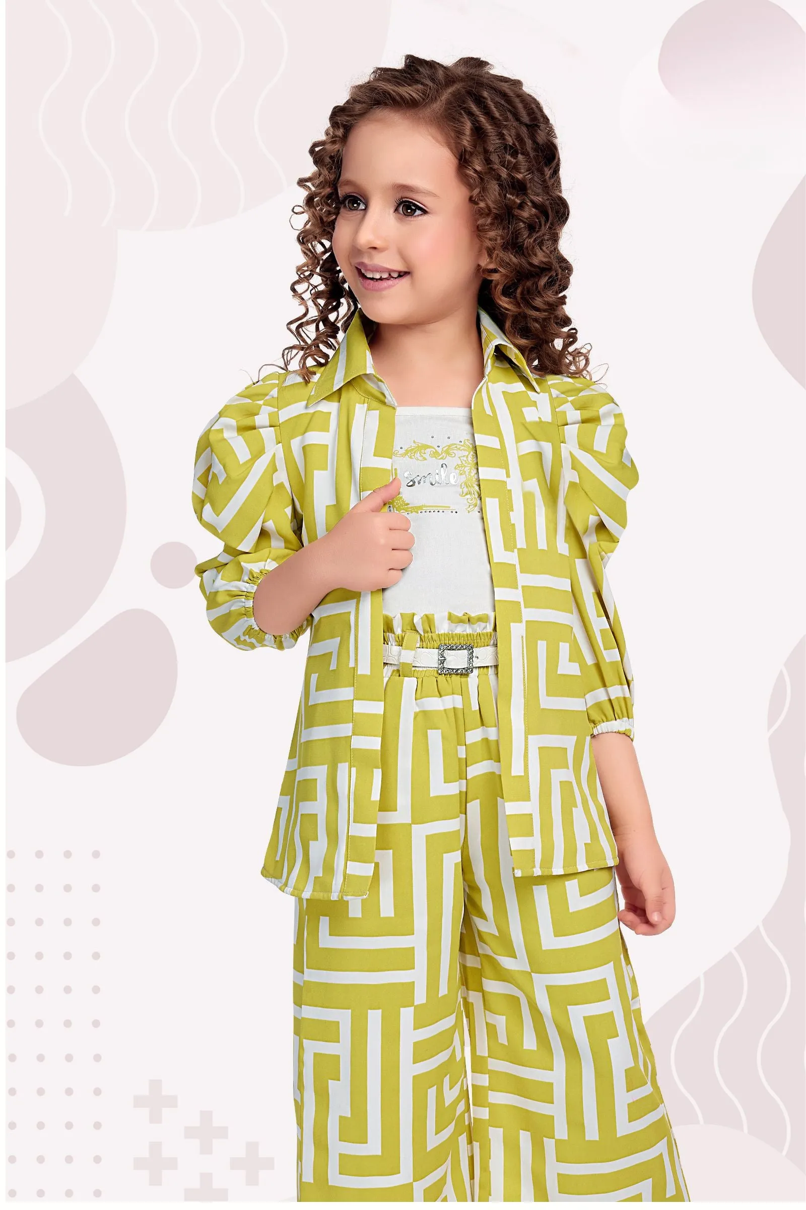 Parrot Green with White Print Overcoat Styled Palazzo Set for Girls