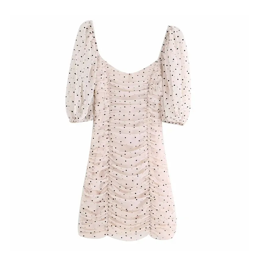 Slim Fit Elegant V- Neck Polka Dot Puff Sleeve Women Mini Dress